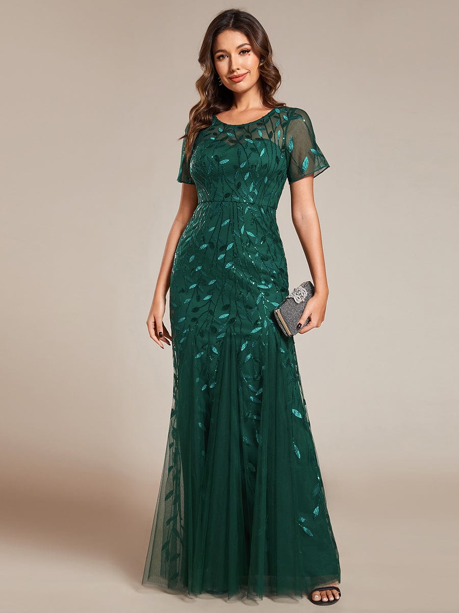 Floral Sequin Maxi Fishtail Tulle Prom Dress with Half Sleeve #Color_Dark Green