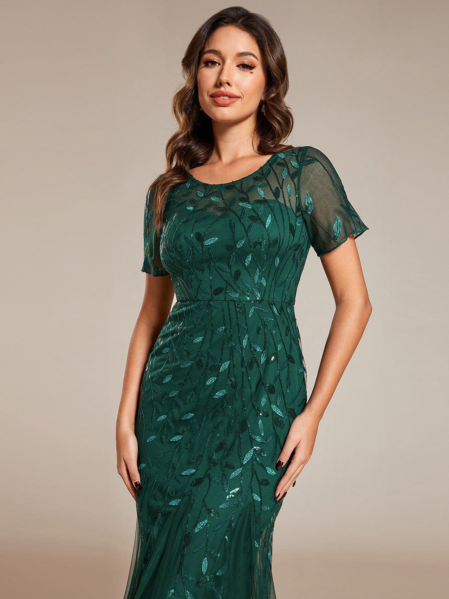 Floral Sequin Maxi Fishtail Tulle Prom Dress with Half Sleeve #Color_Dark Green