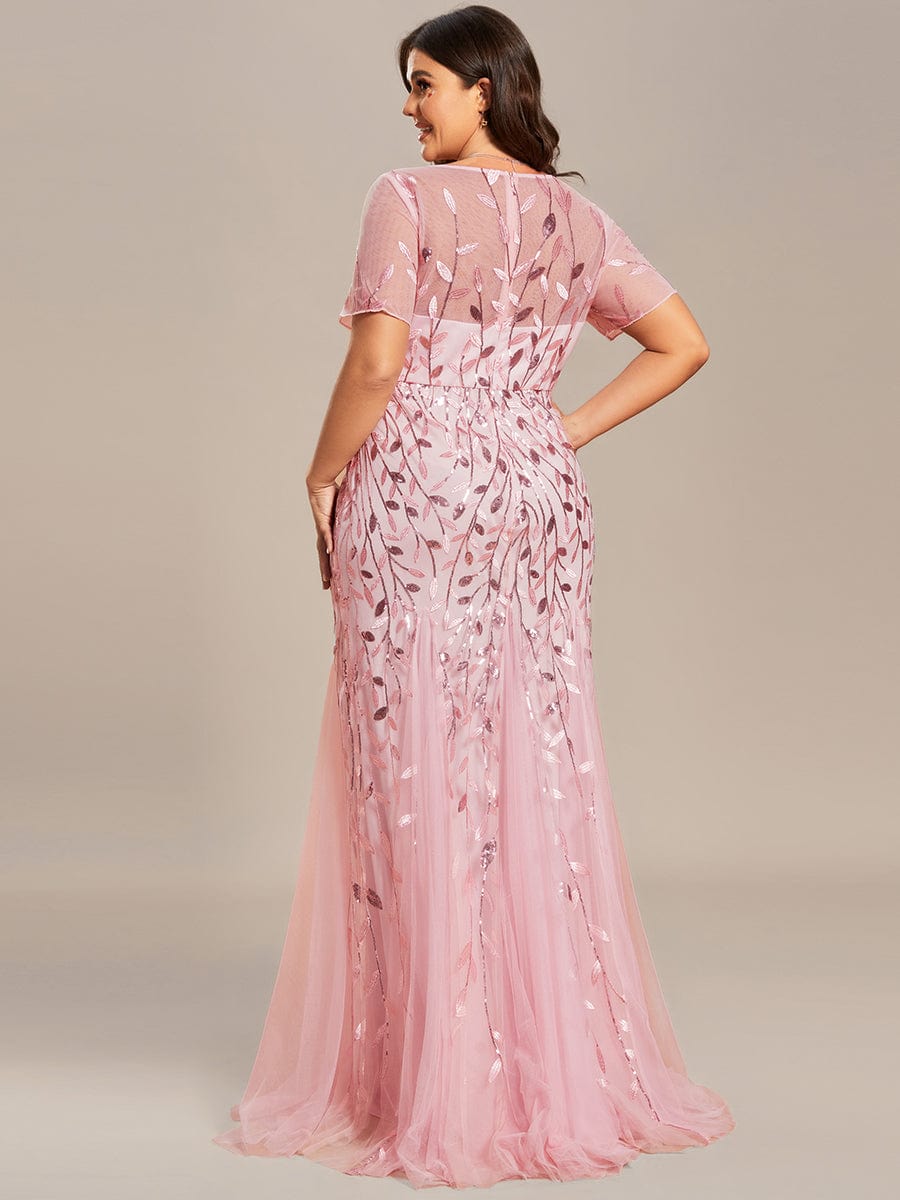 Floral Sequin Maxi Fishtail Tulle Prom Dress with Half Sleeve #Color_Pink