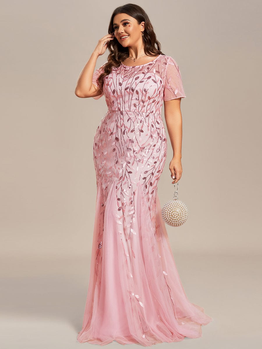 Floral Sequin Print Plus Size Mermaid Tulle Evening Dress #color_Pink