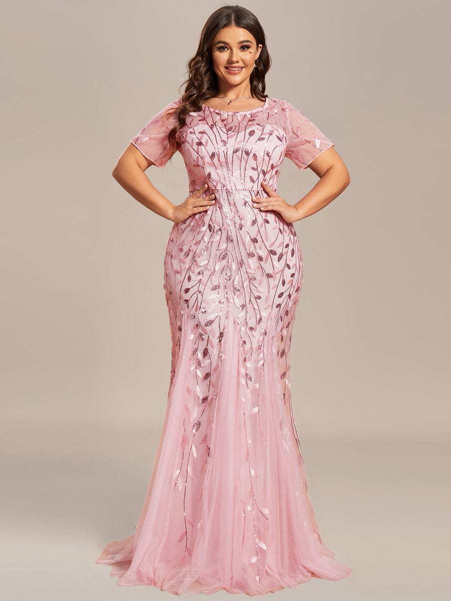 Floral Sequin Maxi Fishtail Tulle Prom Dress with Half Sleeve #Color_Pink