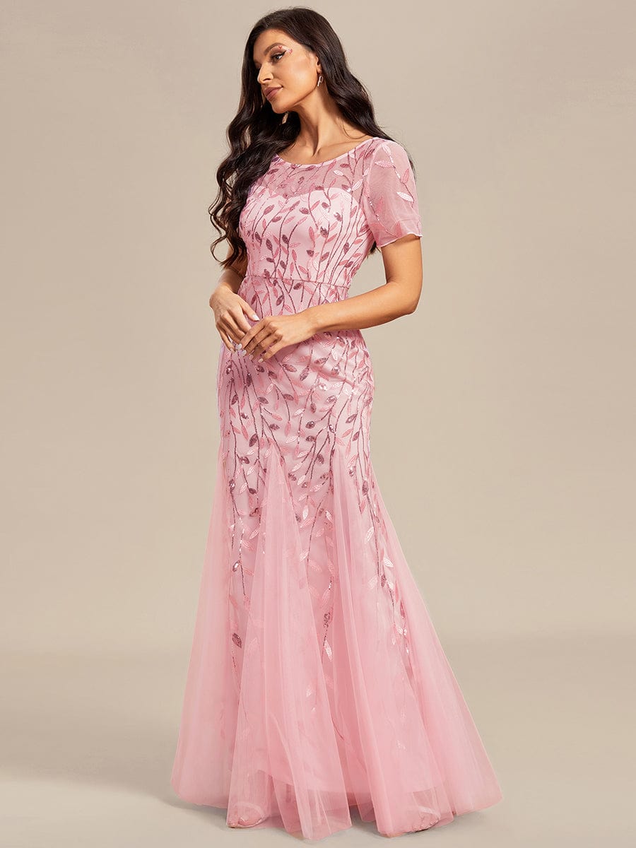 Floral Sequin Maxi Fishtail Tulle Prom Dress with Half Sleeve #Color_Pink