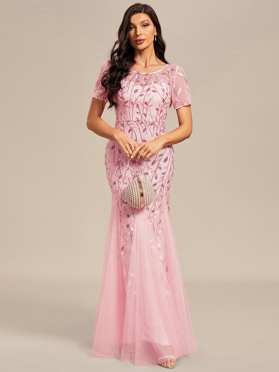 Floral Sequin Maxi Fishtail Tulle Prom Dress with Half Sleeve #Color_Pink