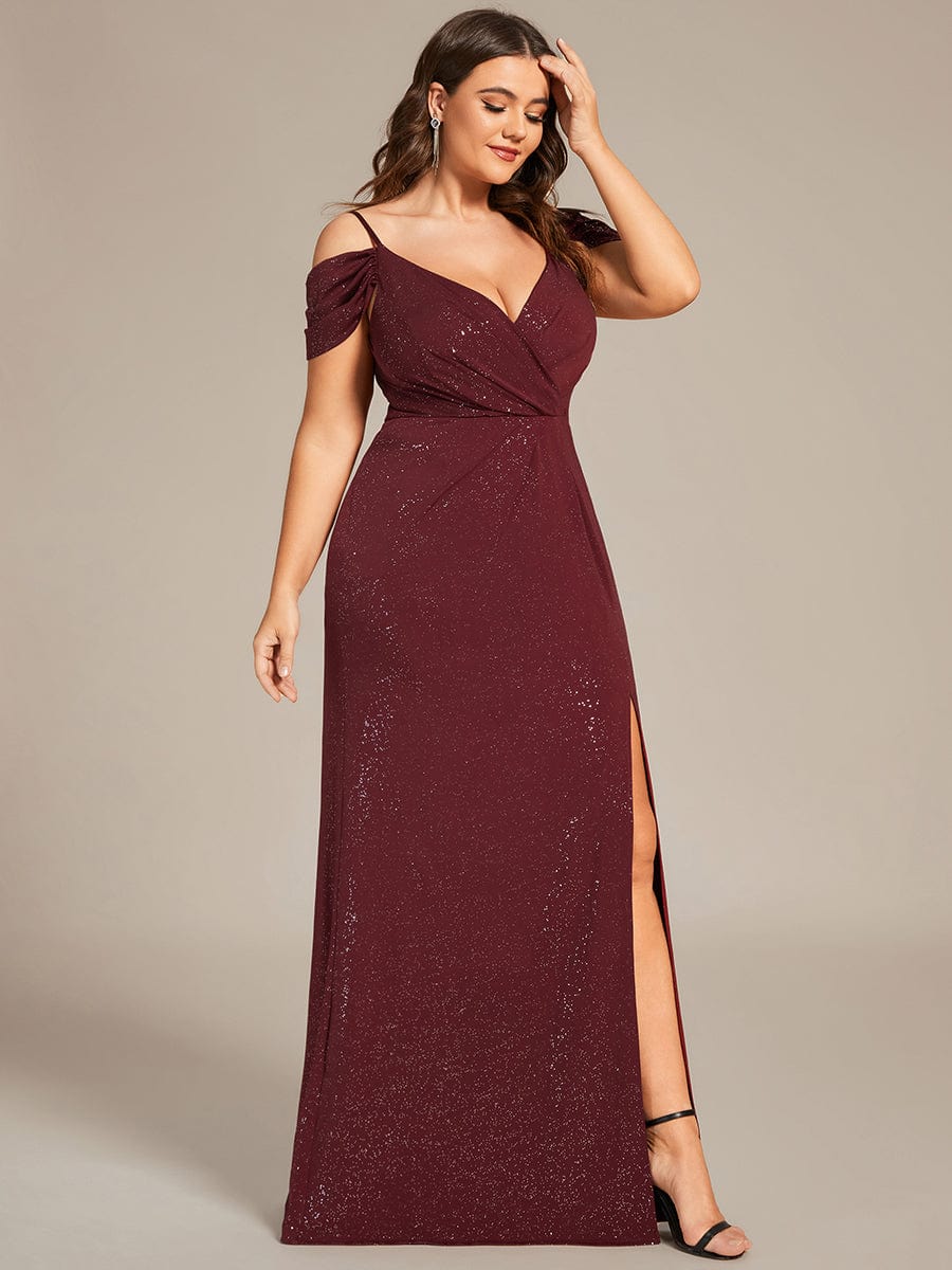 Plus Size Sexy High Slit Long Formal Evening Dresses #color_Burgundy 