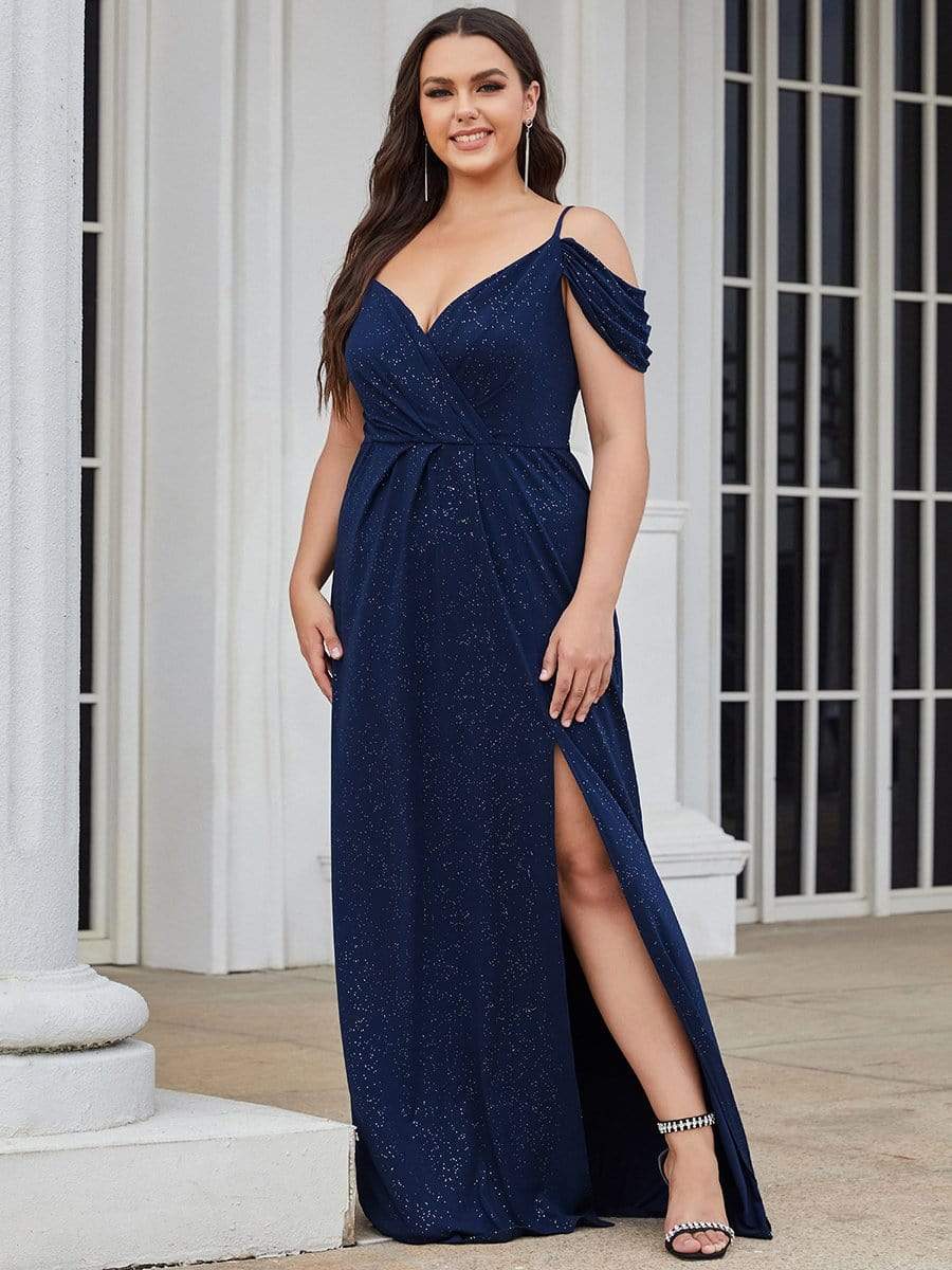 Plus Size Sexy High Slit Long Formal Evening Dresses #color_Navy Blue 
