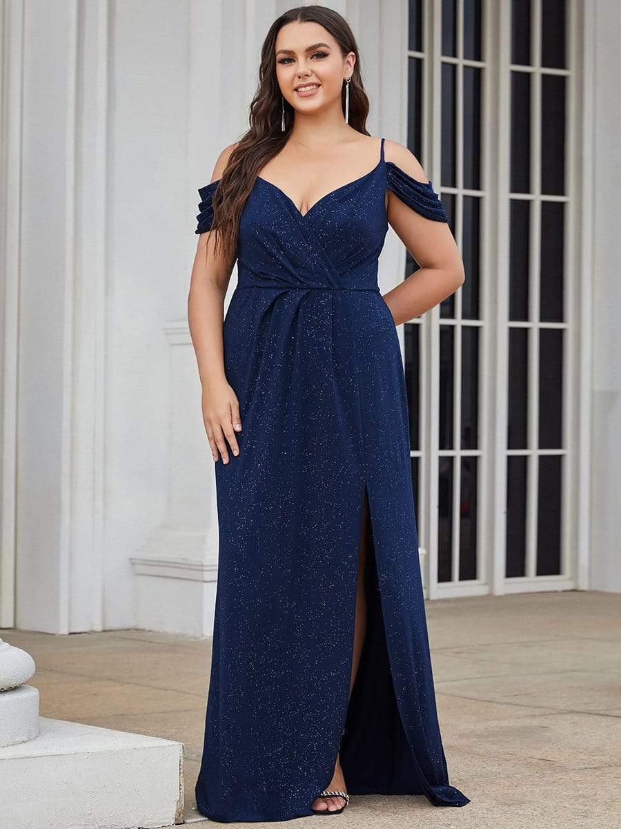 Plus Size Sexy High Slit Long Formal Evening Dresses #color_Navy Blue 