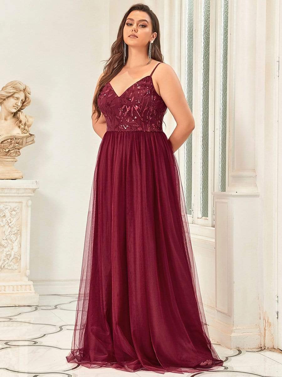 Plus Size Soft Spaghetti Straps V-Neck Embroidery Evening Dress #color_Burgundy 