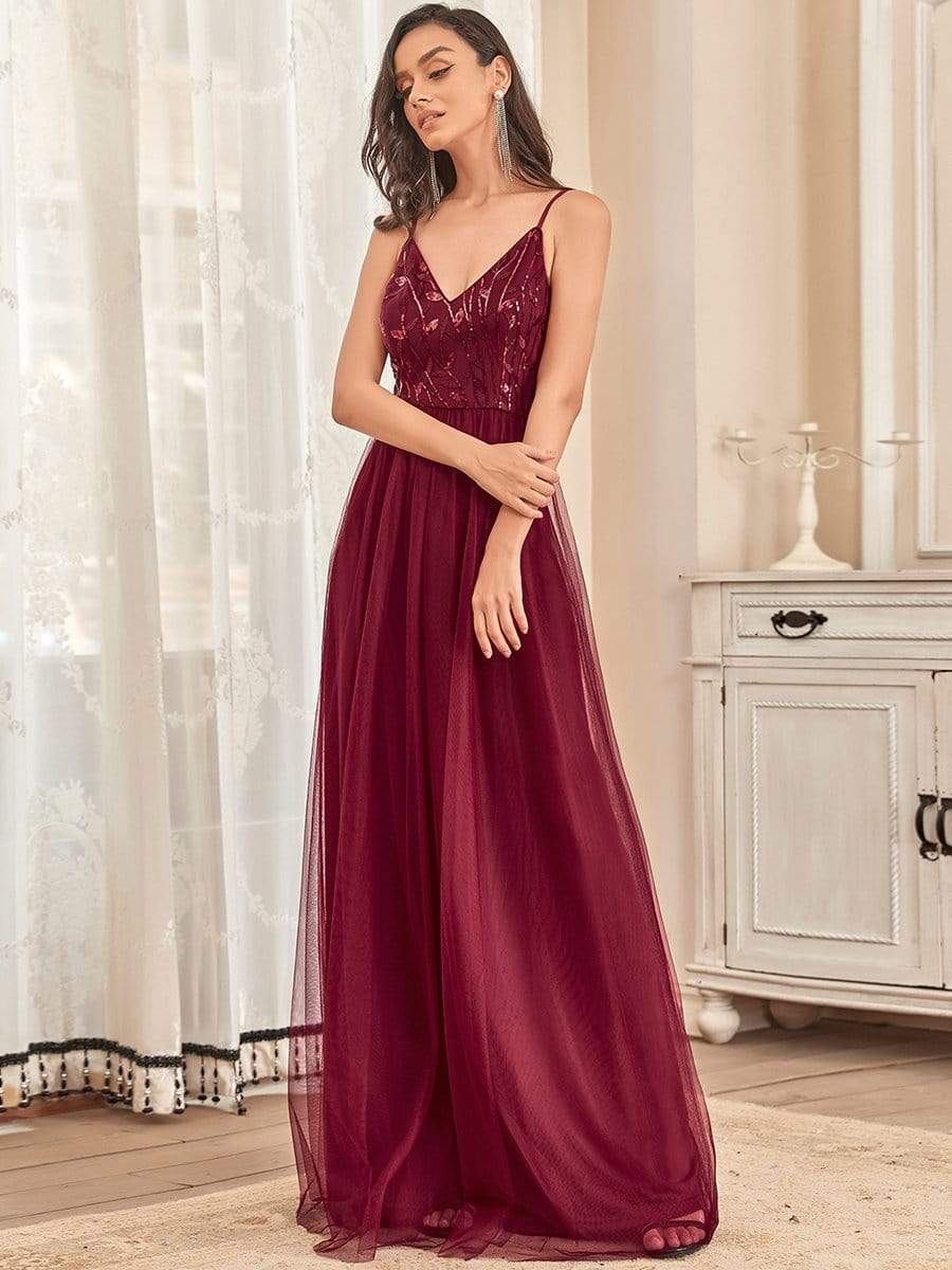 Soft Spaghetti Straps V-Neck Embroidery Evening Dress #color_Burgundy 