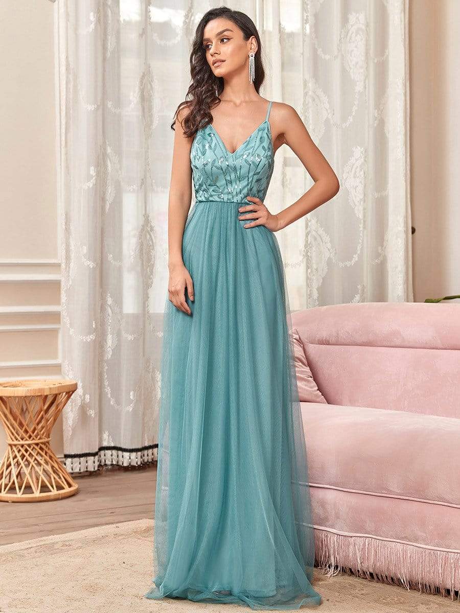 Soft Spaghetti Straps V-Neck Embroidery Evening Dress #color_Dusty Blue 