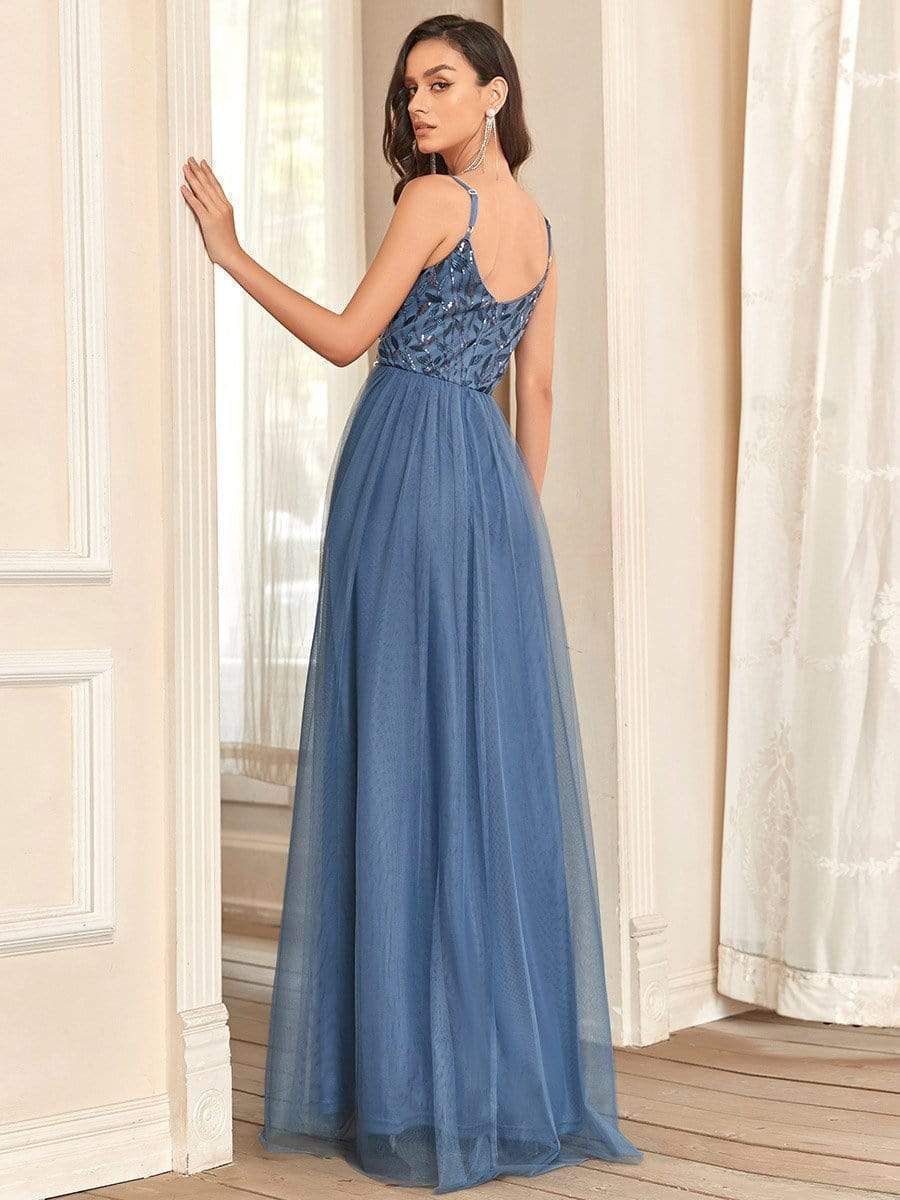 Soft Spaghetti Straps V-Neck Embroidery Evening Dress #color_Dusty Navy 