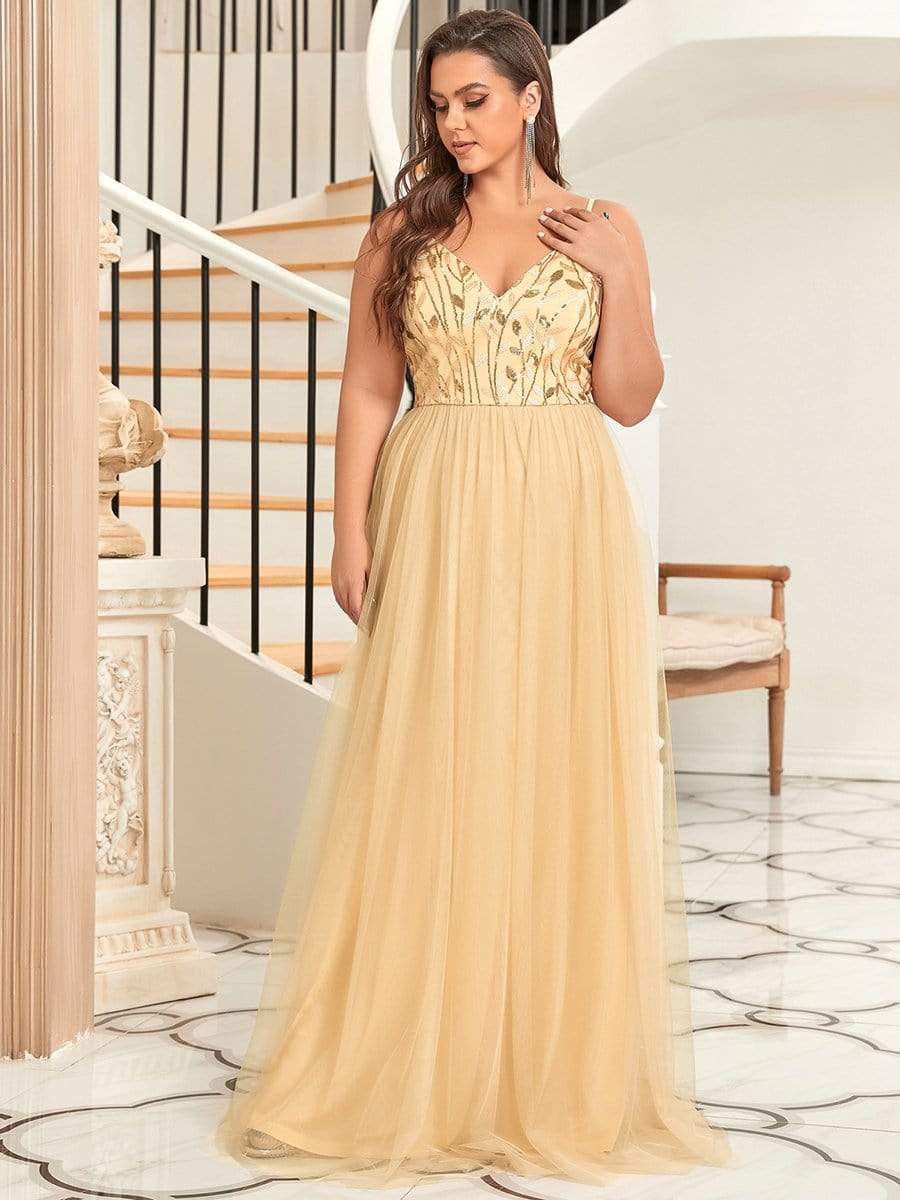 Plus Size Soft Spaghetti Straps V-Neck Embroidery Evening Dress #color_Gold 