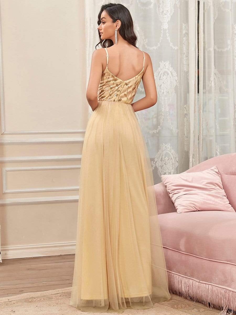 Soft Spaghetti Straps V-Neck Embroidery Evening Dress #color_Gold 