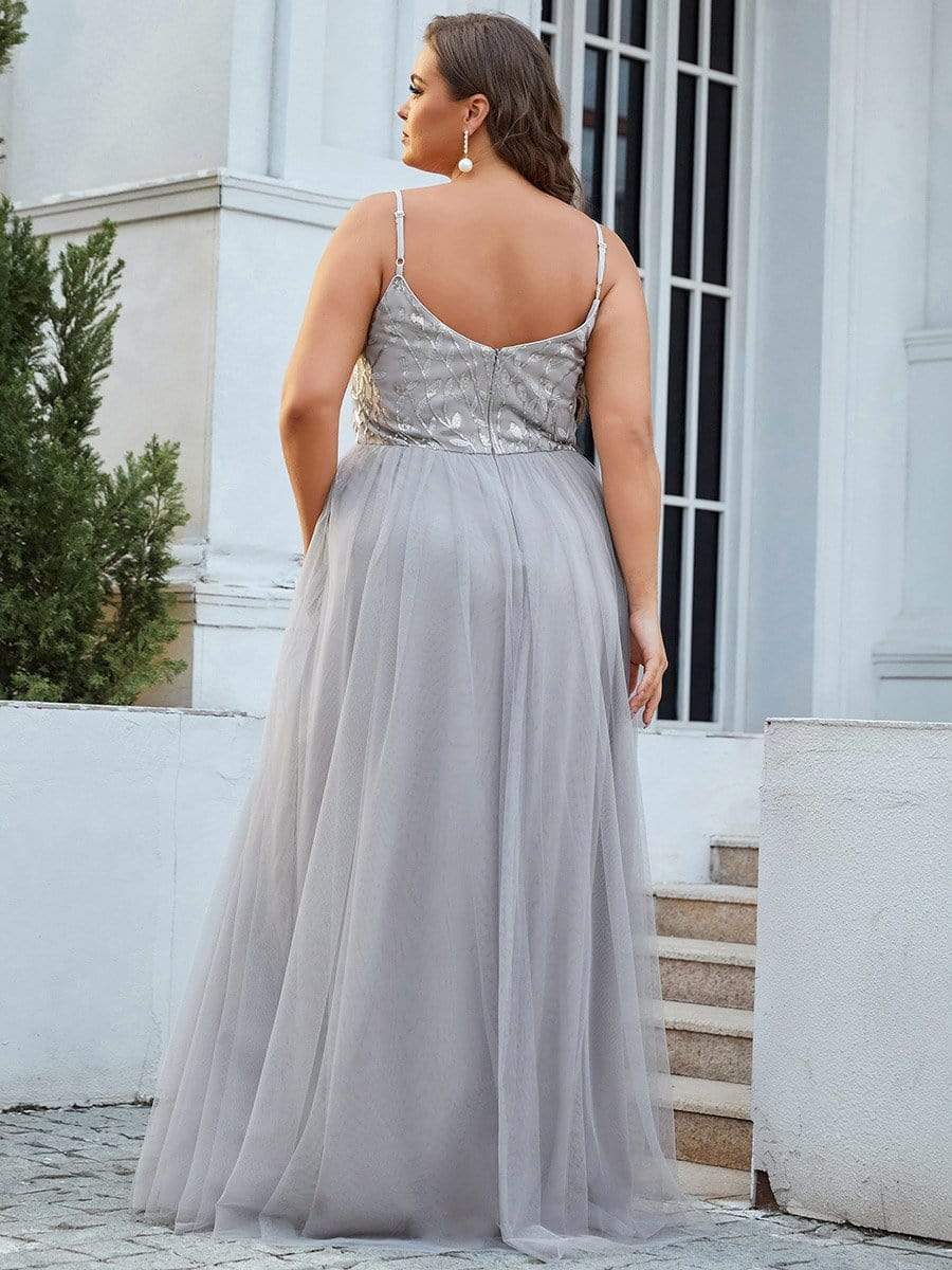 Plus Size Soft Spaghetti Straps V-Neck Embroidery Evening Dress #color_Grey 