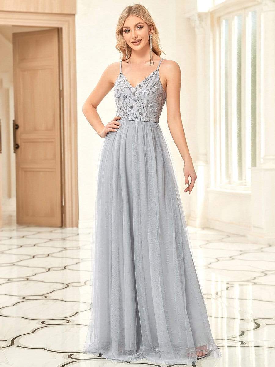 Soft Spaghetti Straps V-Neck Embroidery Evening Dress #color_Grey 