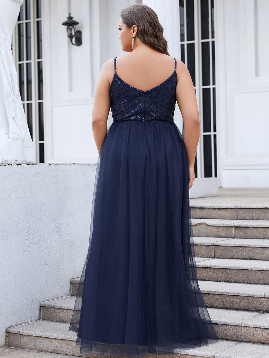 Custom Size Soft Spaghetti Straps V-Neck Embroidery Evening Dress #color_Navy Blue