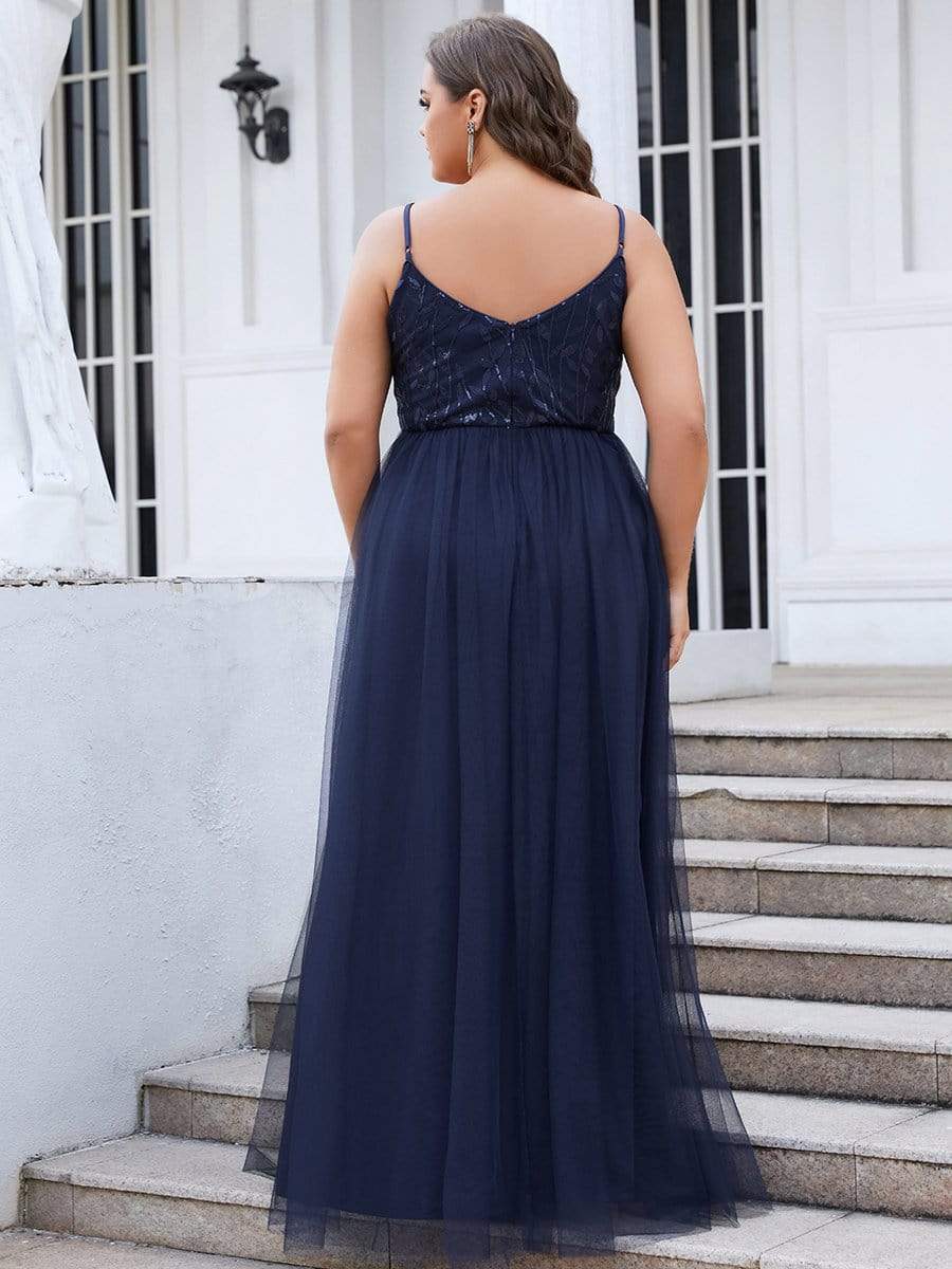 Plus Size Soft Spaghetti Straps V-Neck Embroidery Evening Dress #color_Navy Blue 