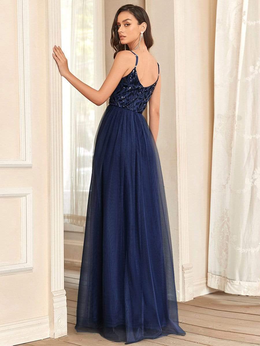 Soft Spaghetti Straps V-Neck Embroidery Evening Dress #color_Navy Blue 