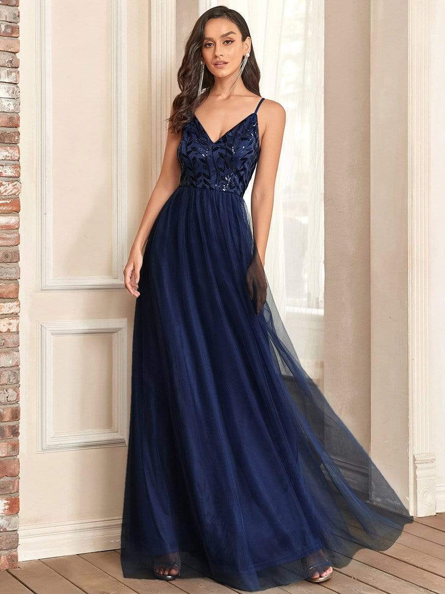 Soft Spaghetti Straps V-Neck Embroidery Evening Dress #color_Navy Blue 