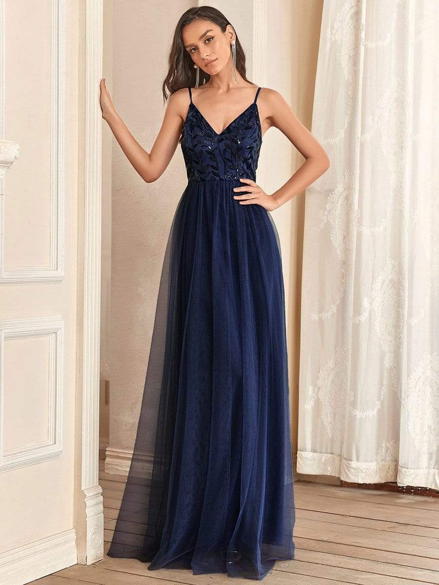 Soft Spaghetti Straps V-Neck Embroidery Evening Dress #color_Navy Blue 