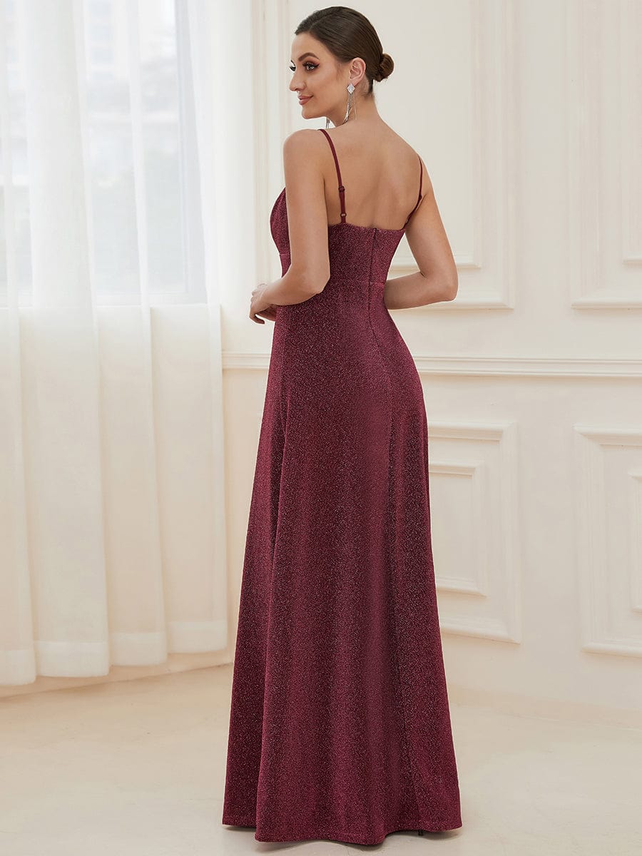 Spaghetti Strap Front Slit Shiny Evening Dress #color_Burgundy 