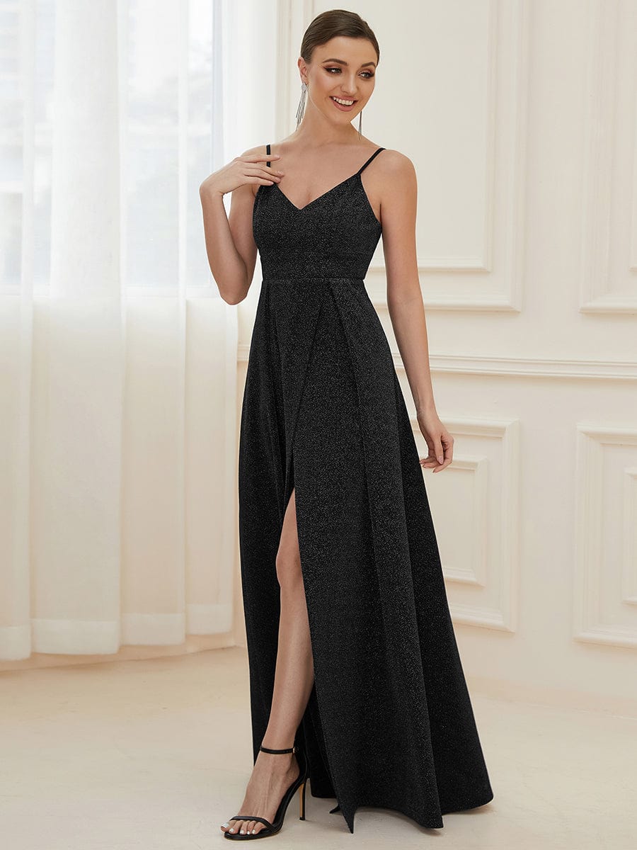 Spaghetti Strap Front Slit Shiny Evening Dress #color_Black 