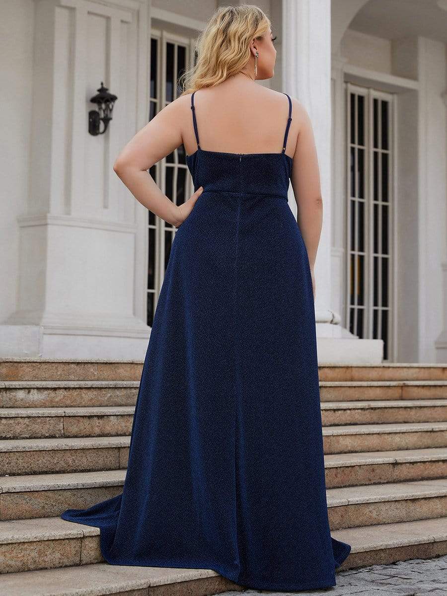 Plus Size Spaghetti Strap Shiny Formal Evening Dress for Wedding #color_Navy Blue 