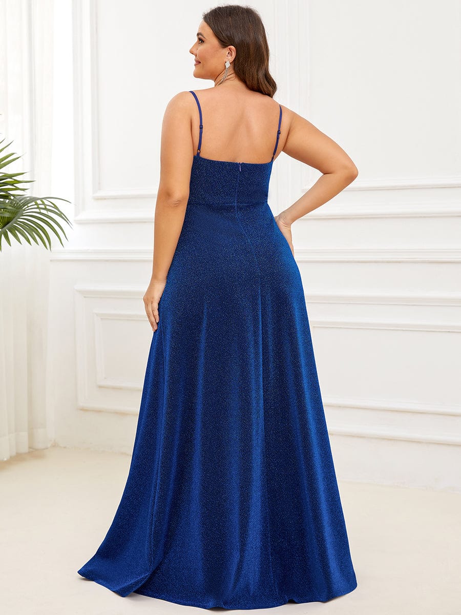 Spaghetti Strap Front Slit Shiny Evening Dress #color_Sapphire Blue