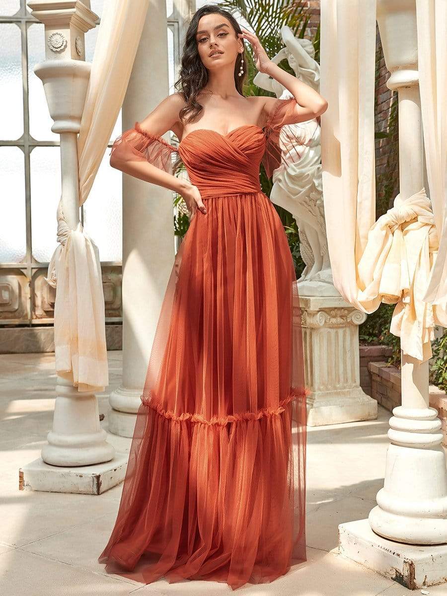 Off-Shoulder Sweetheart Double Layer Pleated Evening Dress #color_Burnt Orange