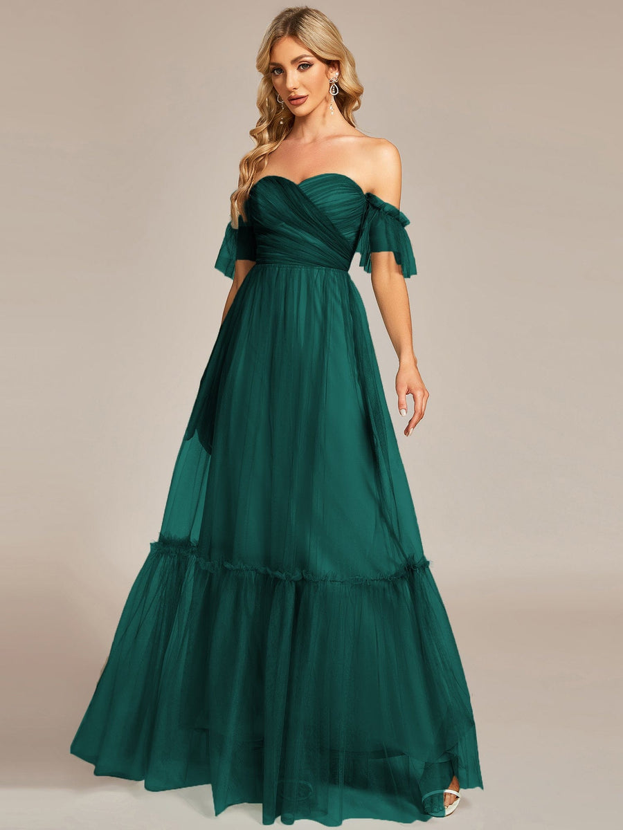 Custom Size Off the Shoulder Sweetheart Pleated Tulle Evening Dress #color_Dark Green