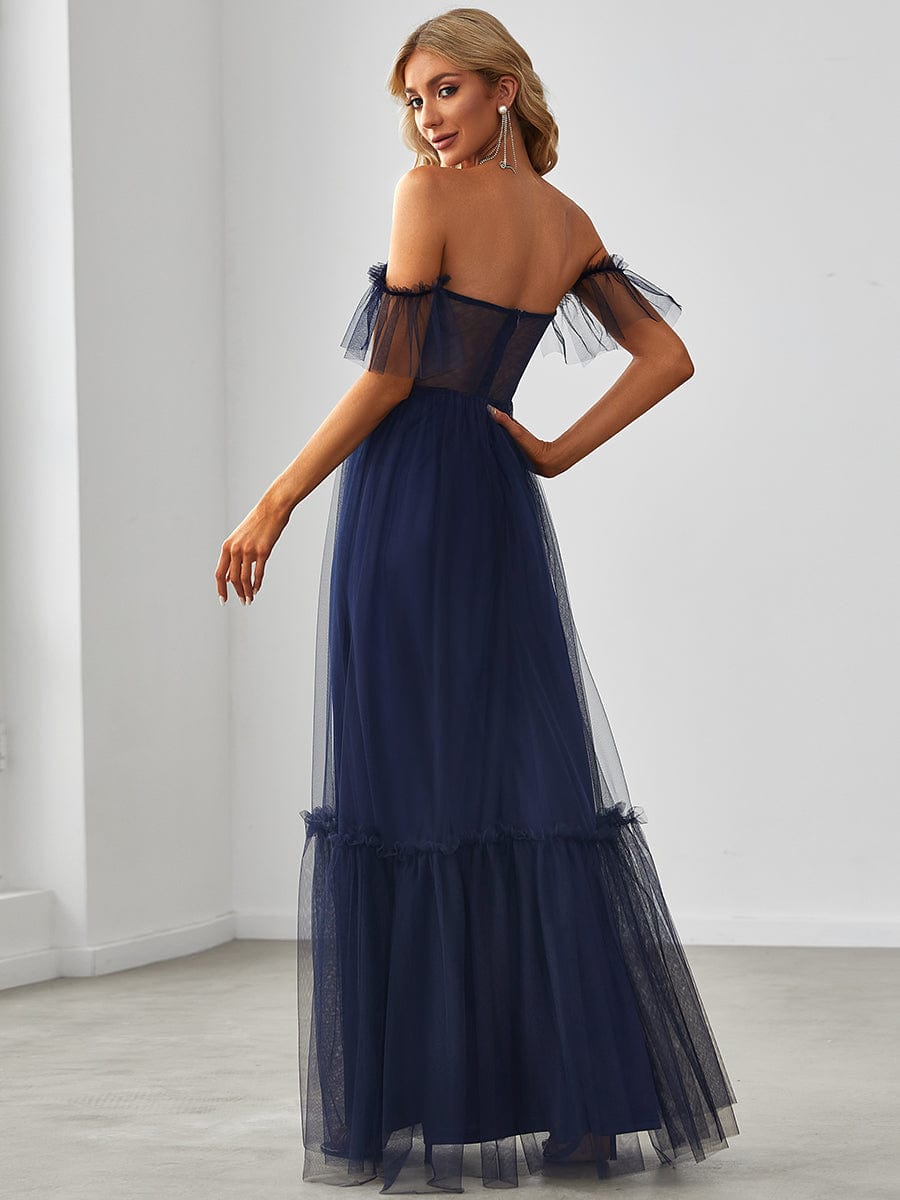 Custom Size Off-Shoulder Sweetheart Double Layer Pleated Evening Dress #color_Navy Blue