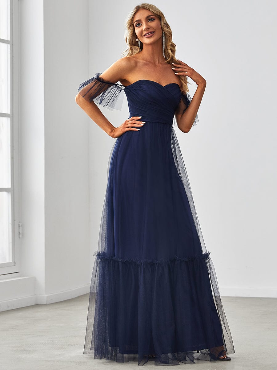 Off-Shoulder Sweetheart Double Layer Pleated Evening Dress #color_Navy Blue