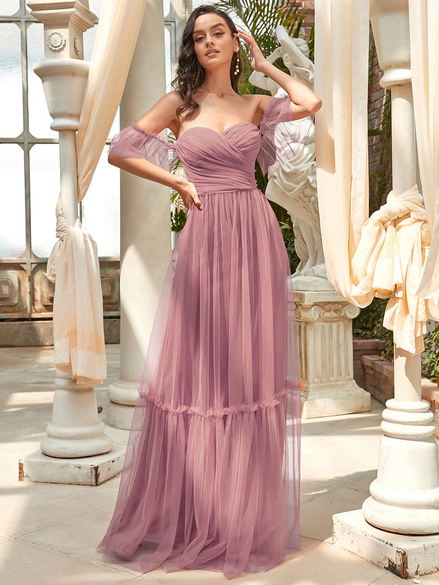 Off-Shoulder Sweetheart Double Layer Pleated Evening Dress #color_Purple Orchid