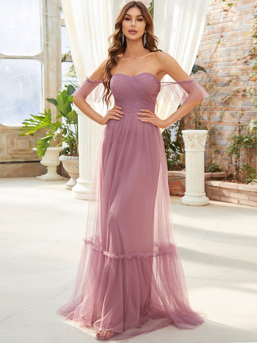 Off-Shoulder Sweetheart Double Layer Pleated Evening Dress #color_Purple Orchid