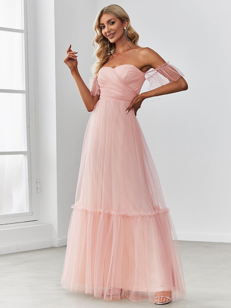 Off-Shoulder Sweetheart Double Layer Pleated Evening Dress #color_Pink