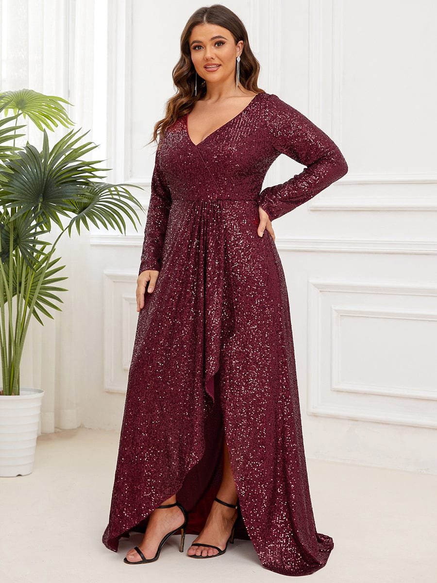 Plus Size Sequin V-Neck Long Sleeve High Slit Bodycon Evening Dress #color_Burgundy