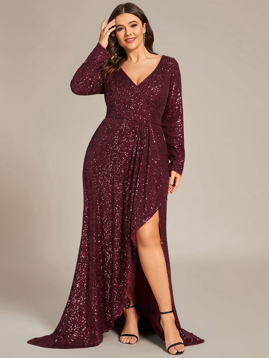 Custom Size Sequin Long Sleeve V-Neck High Slit Bodycon Evening Dress #color_Burgundy