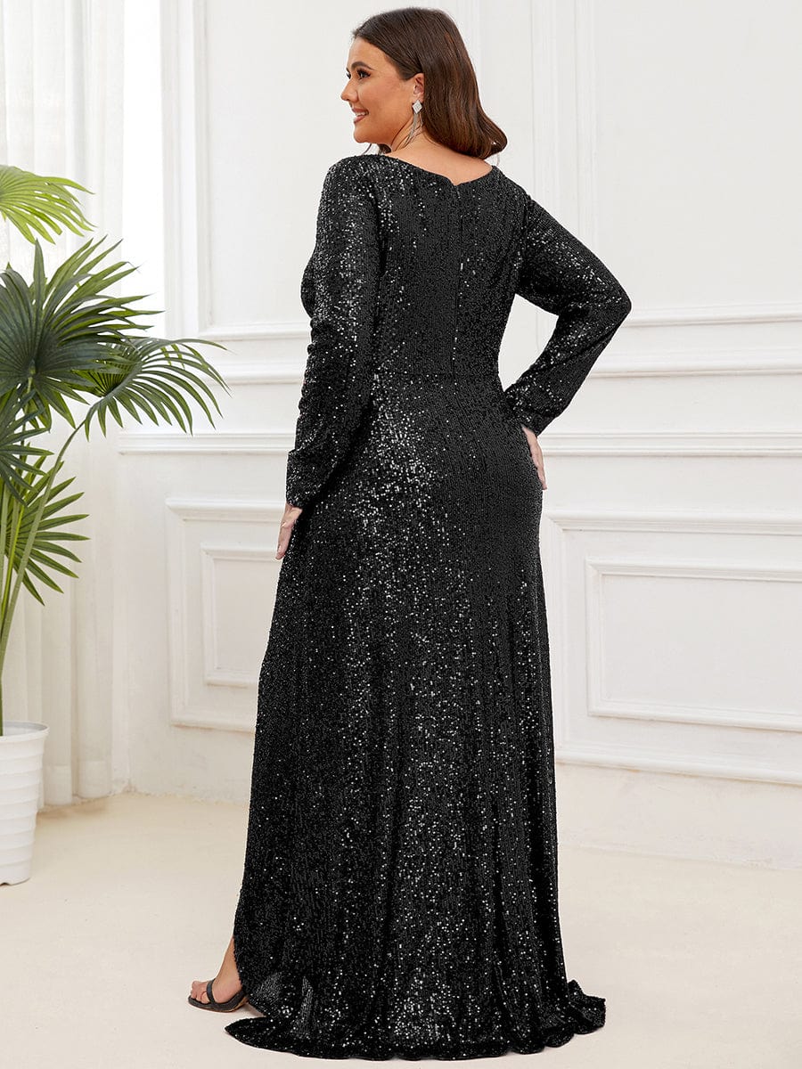 Plus Size Sequin V-Neck Long Sleeve High Slit Bodycon Evening Dress #color_Black