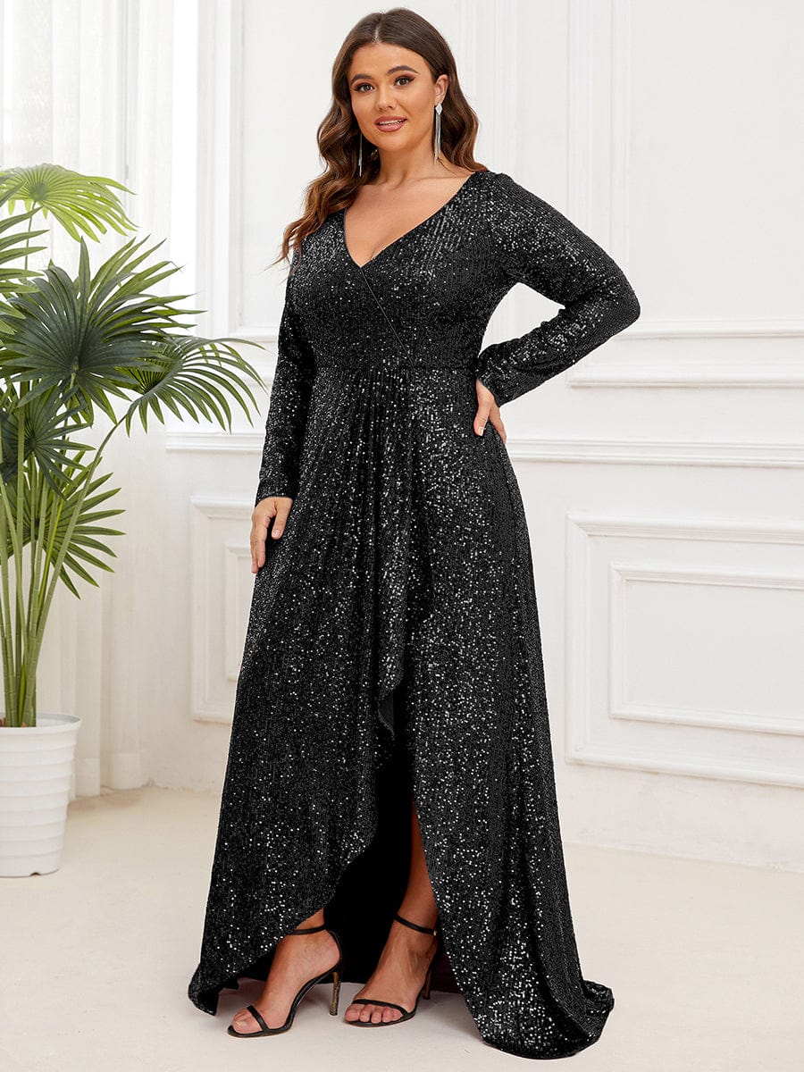 Plus Size Sequin V Neck Long Sleeve High Slit Bodycon Evening Dress