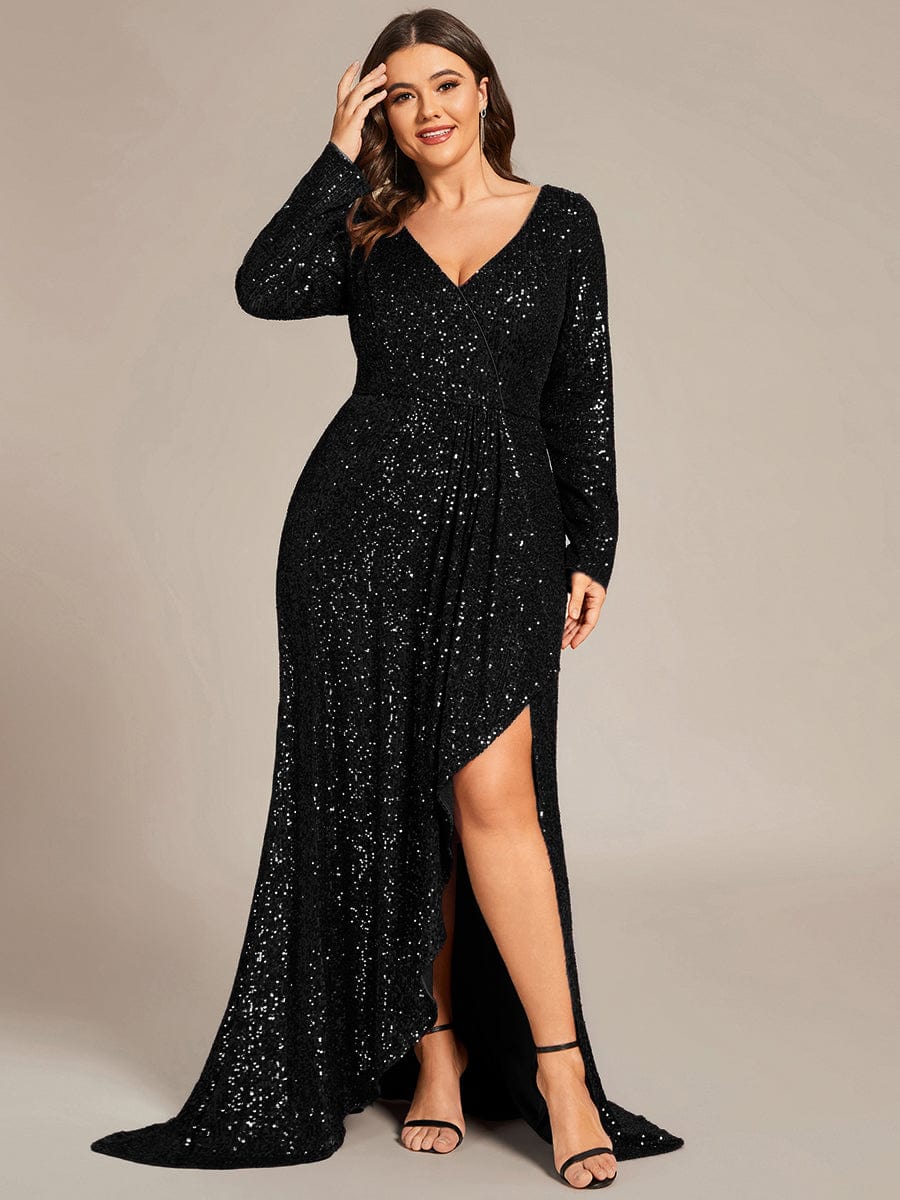 Sequin Long Sleeve V-neck Asymmetrical Hem Evening Dress #color_Black