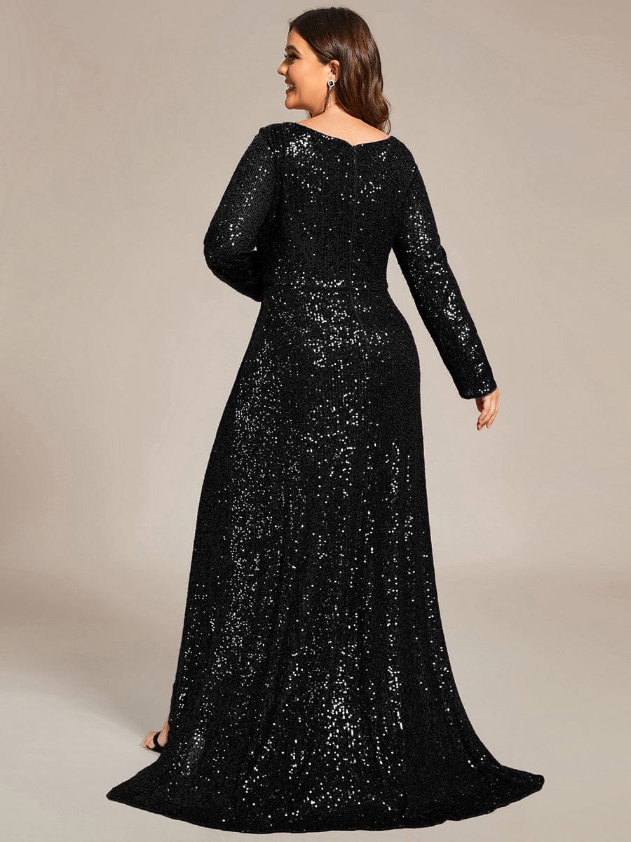 Custom Size Sequin Long Sleeve V-Neck High Slit Bodycon Evening Dress #color_Black