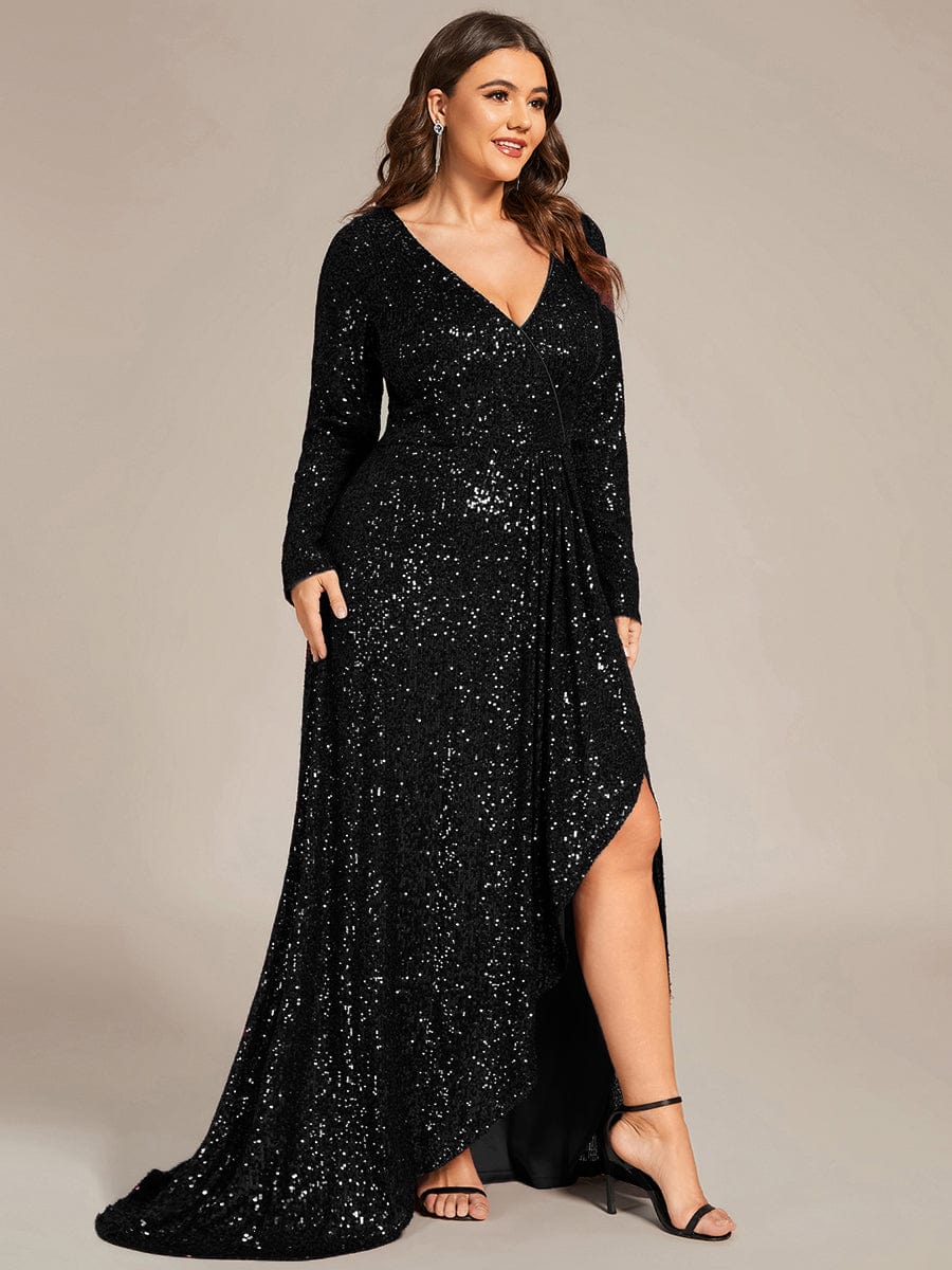 Custom Size Sequin Long Sleeve V-Neck High Slit Bodycon Evening Dress #color_Black