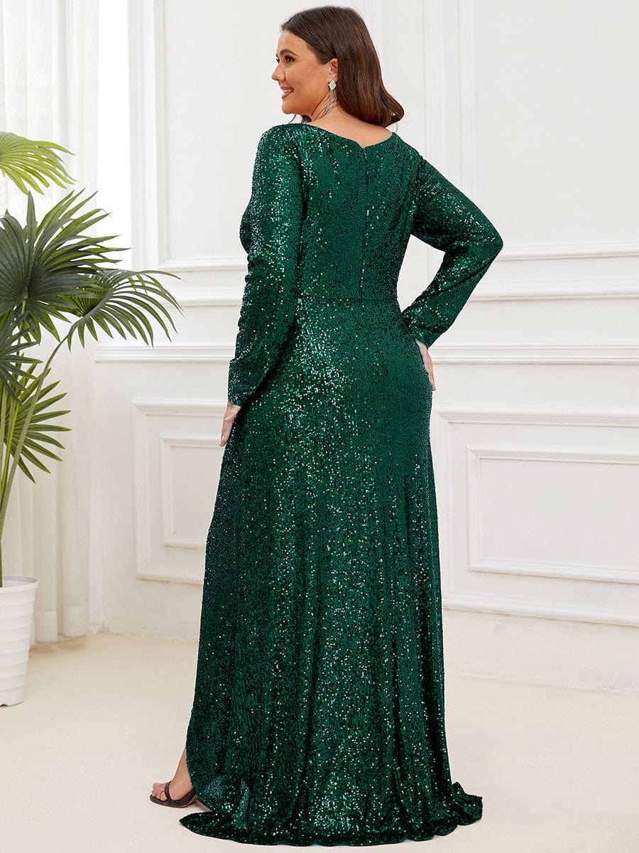 Plus Size Sequin V-Neck Long Sleeve High Slit Bodycon Evening Dress #color_Dark Green