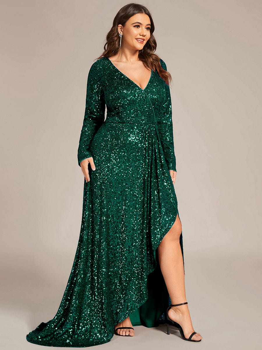 Custom Size Sequin Long Sleeve V-Neck High Slit Bodycon Evening Dress #color_Dark Green