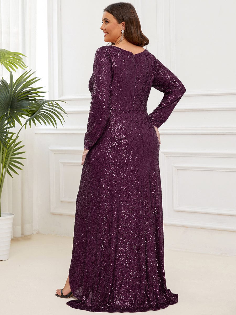 Plus Size Sequin V-Neck Long Sleeve High Slit Bodycon Evening Dress #color_Dark Purple