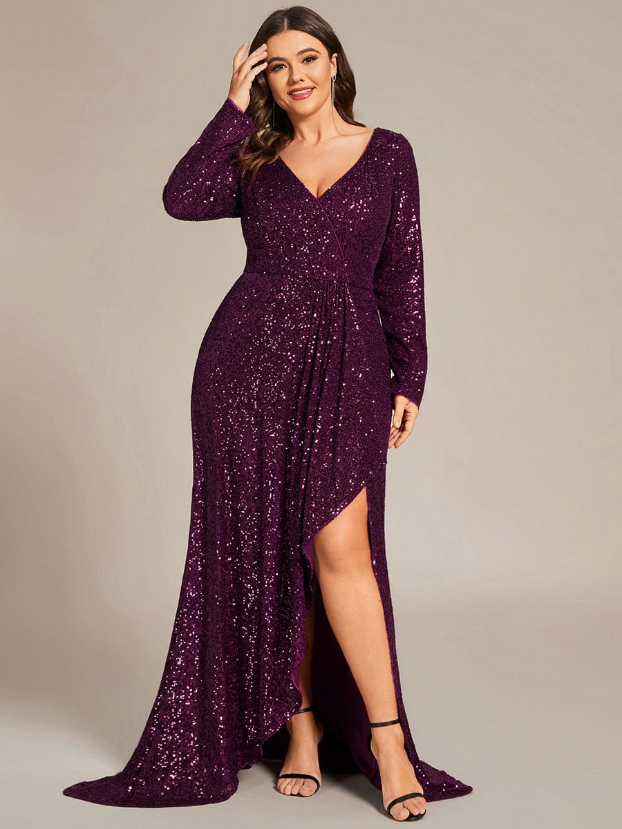 Plus Size Sequin V-Neck Long Sleeve High Slit Bodycon Evening Dress #color_Dark Purple
