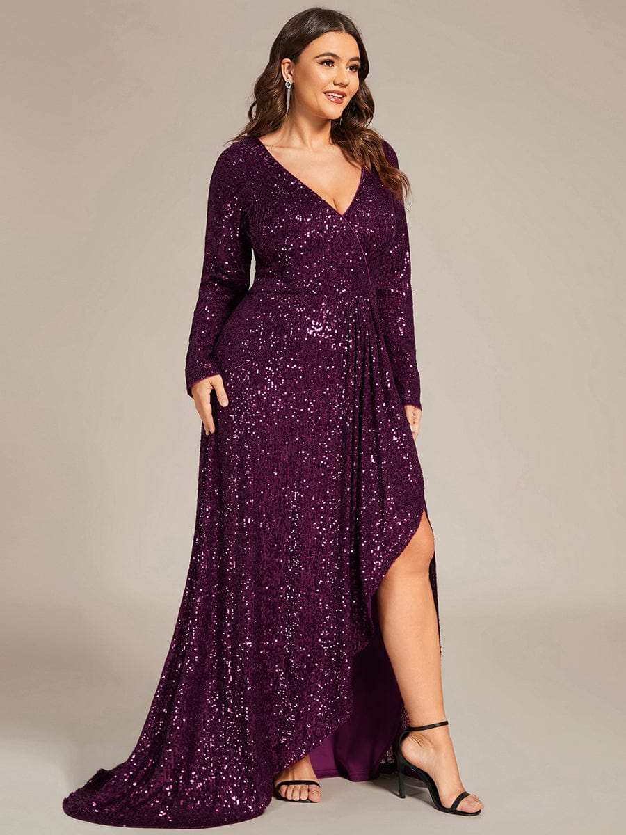 Sequin Long Sleeve V-neck Asymmetrical Hem Evening Dress #color_Dark Purple