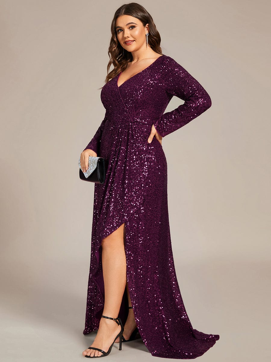 Custom Size Sequin Long Sleeve V-Neck High Slit Bodycon Evening Dress #color_Dark Purple