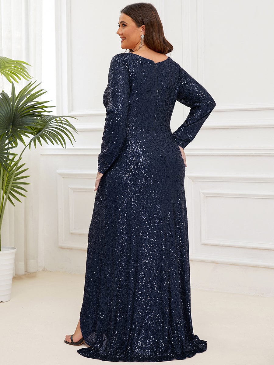 Plus Size Sequin V-Neck Long Sleeve High Slit Bodycon Evening Dress #color_Navy Blue