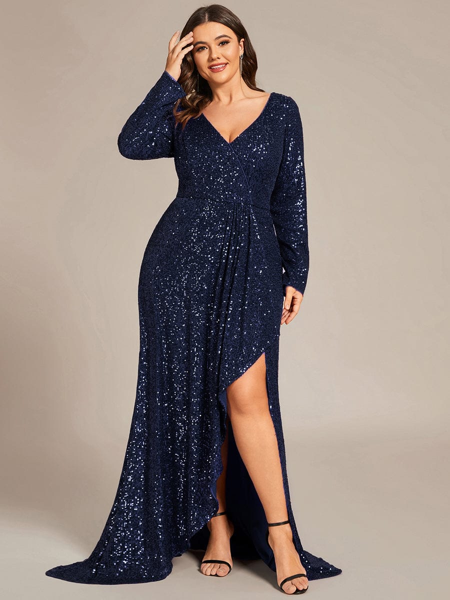 Custom Size Sequin Long Sleeve V-Neck High Slit Bodycon Evening Dress #color_Navy Blue