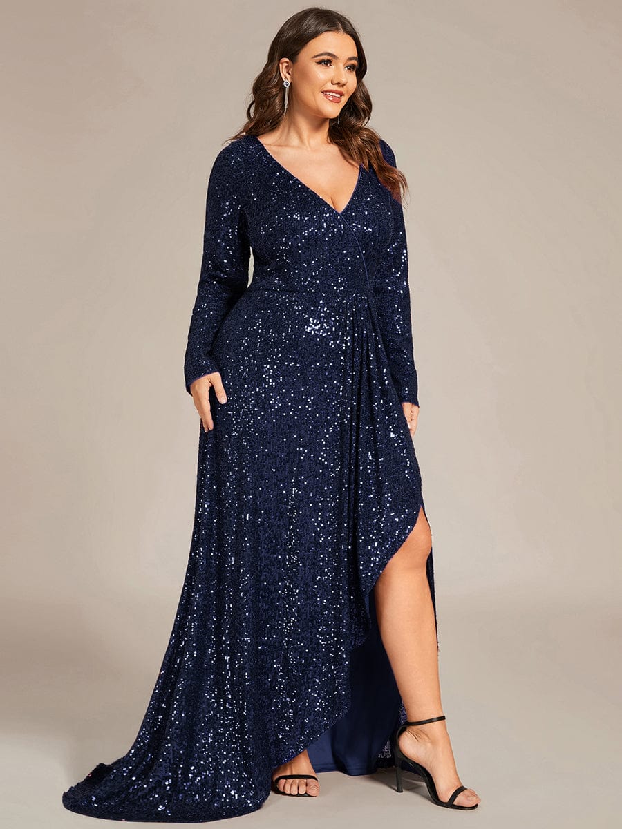 Custom Size Sequin Long Sleeve V-Neck High Slit Bodycon Evening Dress #color_Navy Blue